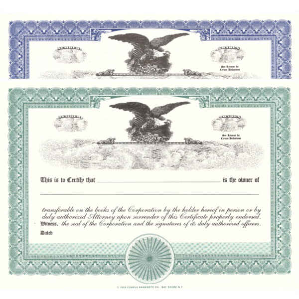 Short Form Green Stock Certificate Size 8-1/2 x 11, Blank Corporate Stock  Certificates Laser or Ink Jet Compatiable (25 Pack) 