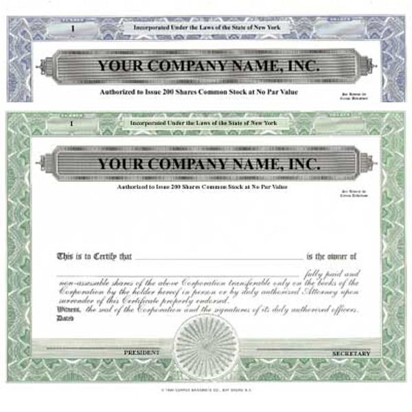 HUBCO Corporate Stock Certificates, Blank, Blue, 15-Pack
