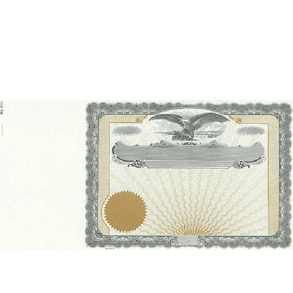 Distribute blank, long form stock certificates. Beautiful, paper color-printing contains No Text language. Borders only. Lithographed Eagle insignia.